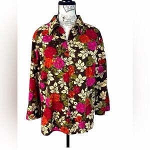 Erika Timeless Floral Button-Down Blouse - Vibrant Red, Pink, Green Size Large